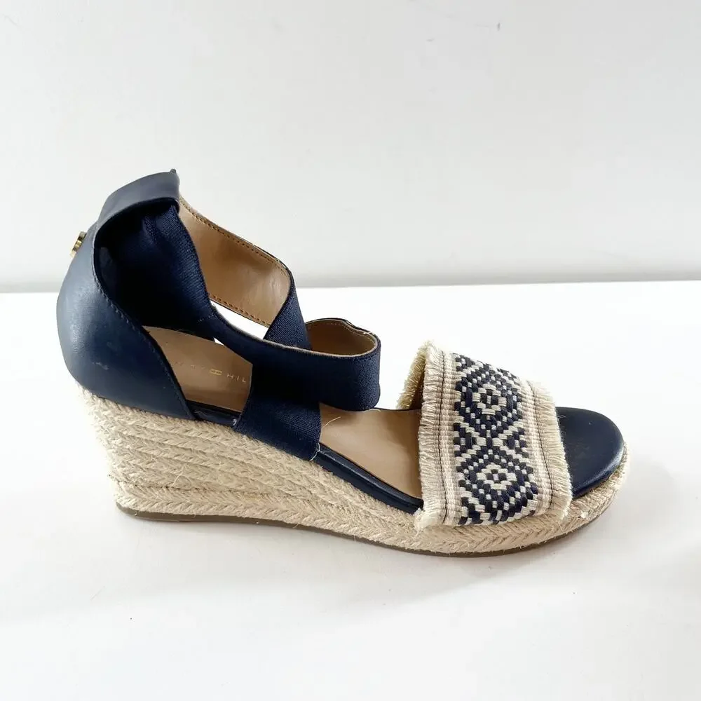 Tommy Hilfiger Yemina Ankle Strap Espadrille Wedge Sandals Navy Blue 6